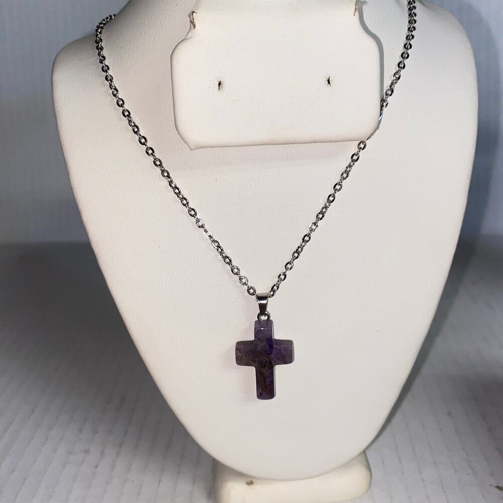 Women's Faux Amethyst Purple Cross Silver-Tone Fashion Necklace